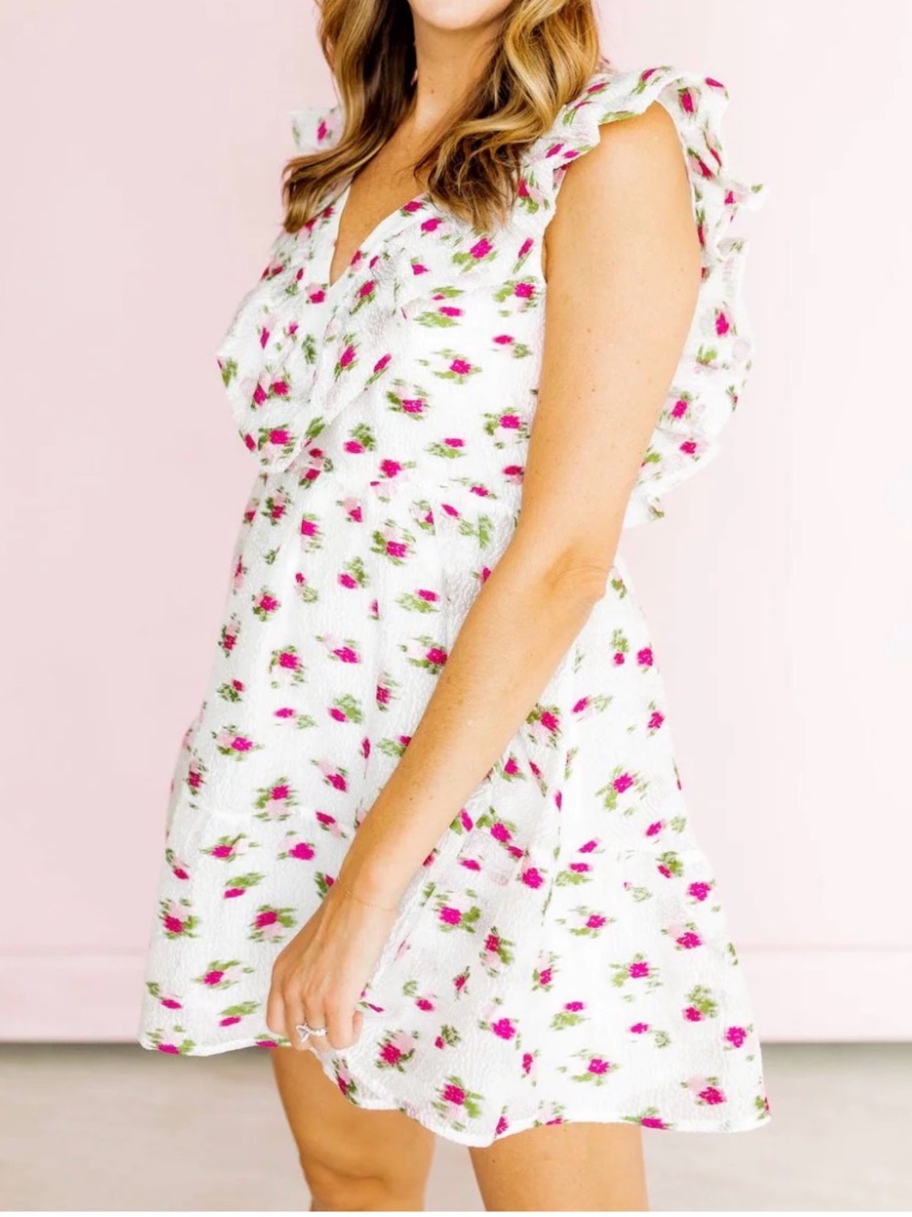 Buddy Love White Dress with Pink and Green Floral Accents